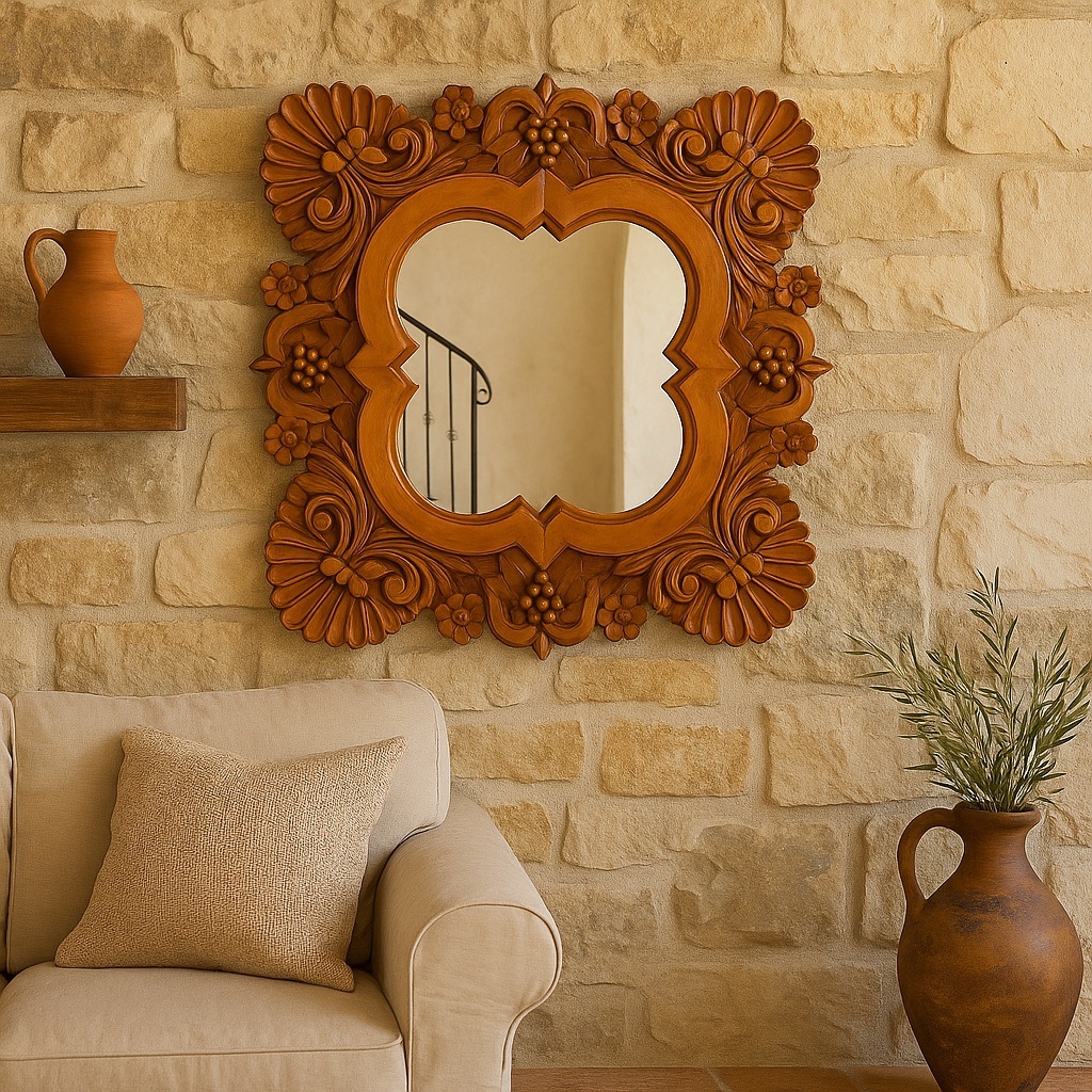 Artisan hand-carved wood mirror from Mexico