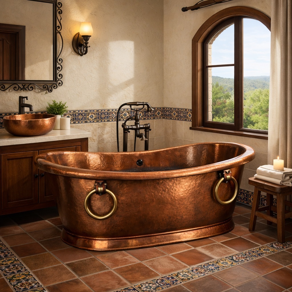 Freestanding hammered copper bath tub with ring handles in Spanish style bathroom with tiled floor, arched window, and copper vessel sink vanity