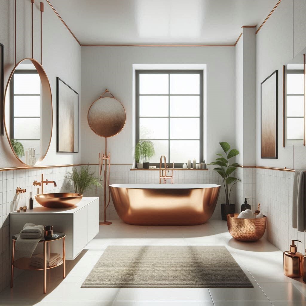 Bathroom with handcrafted copper bathtub and matching patina sink Copper Bathtub and matching Sink