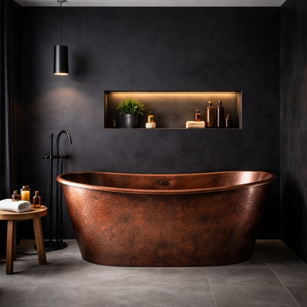 Modern bathroom desing with a copper bathtub