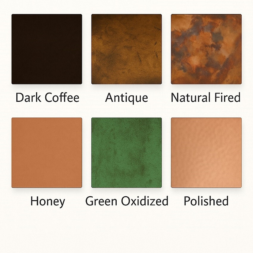 Hammered and smooth copper patina options for Rustica House products