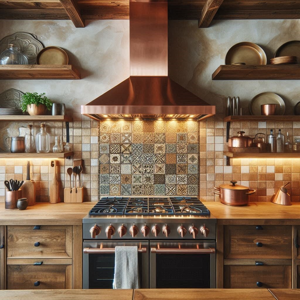 rustic copper range hood in ductless version in a kitchen setting
