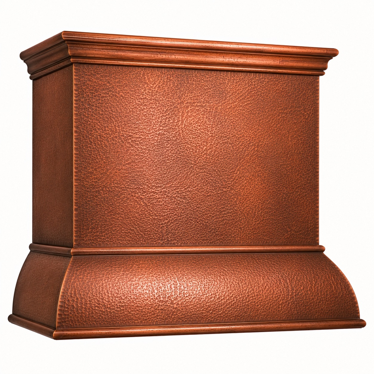 Curved apron copper range hood front view