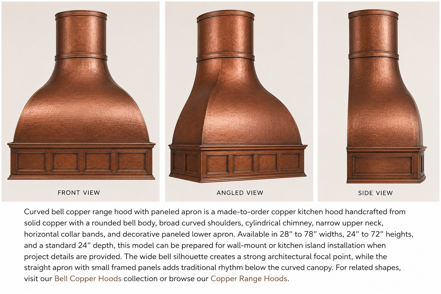 Bell shaped copper range hood with decorative apron on white background to demonstrate better its design