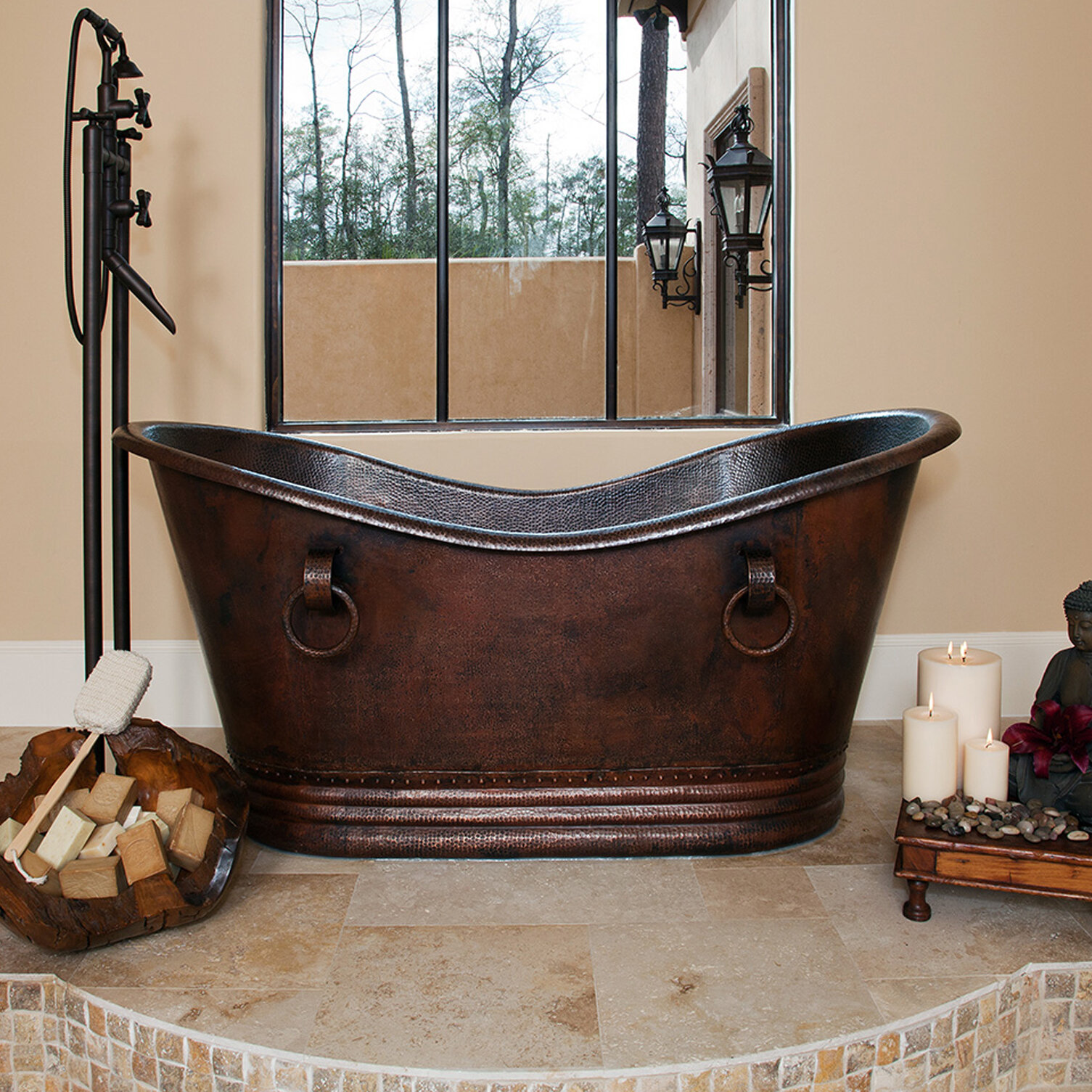 designer copper bathtub in a simple bathroom