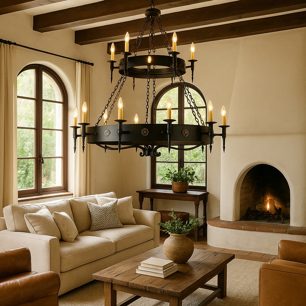 Elegant hand forged Gothic revival wrought iron chandelier