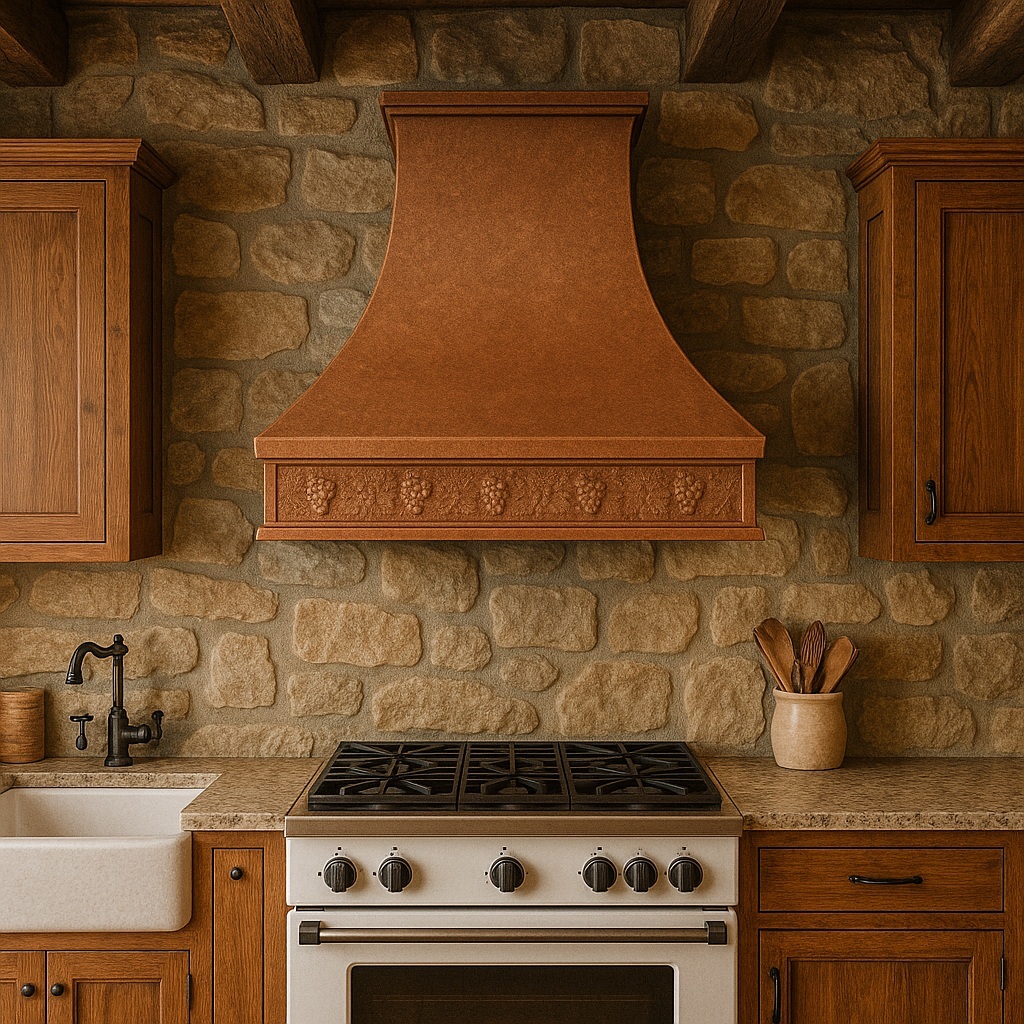 Custom hammered copper exhaust hood in a rustic kitchen