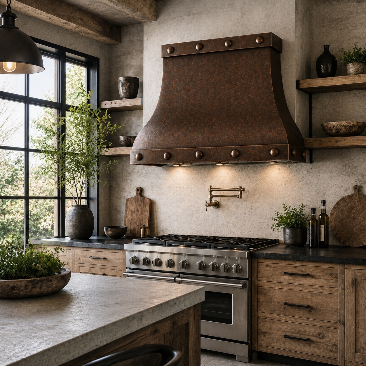 Bell-shaped copper range hood in a kitchen
