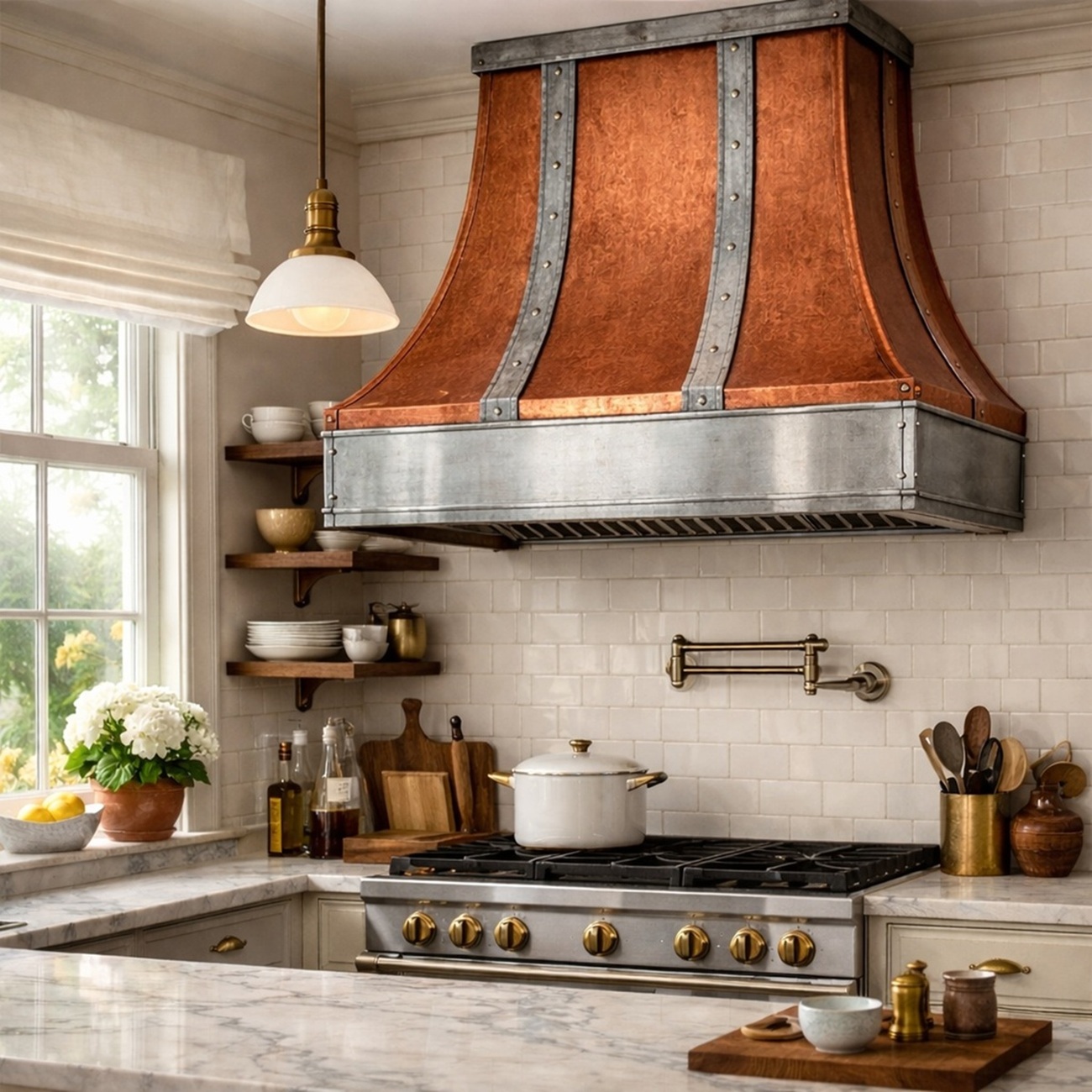 Metal range hood in a kitchen