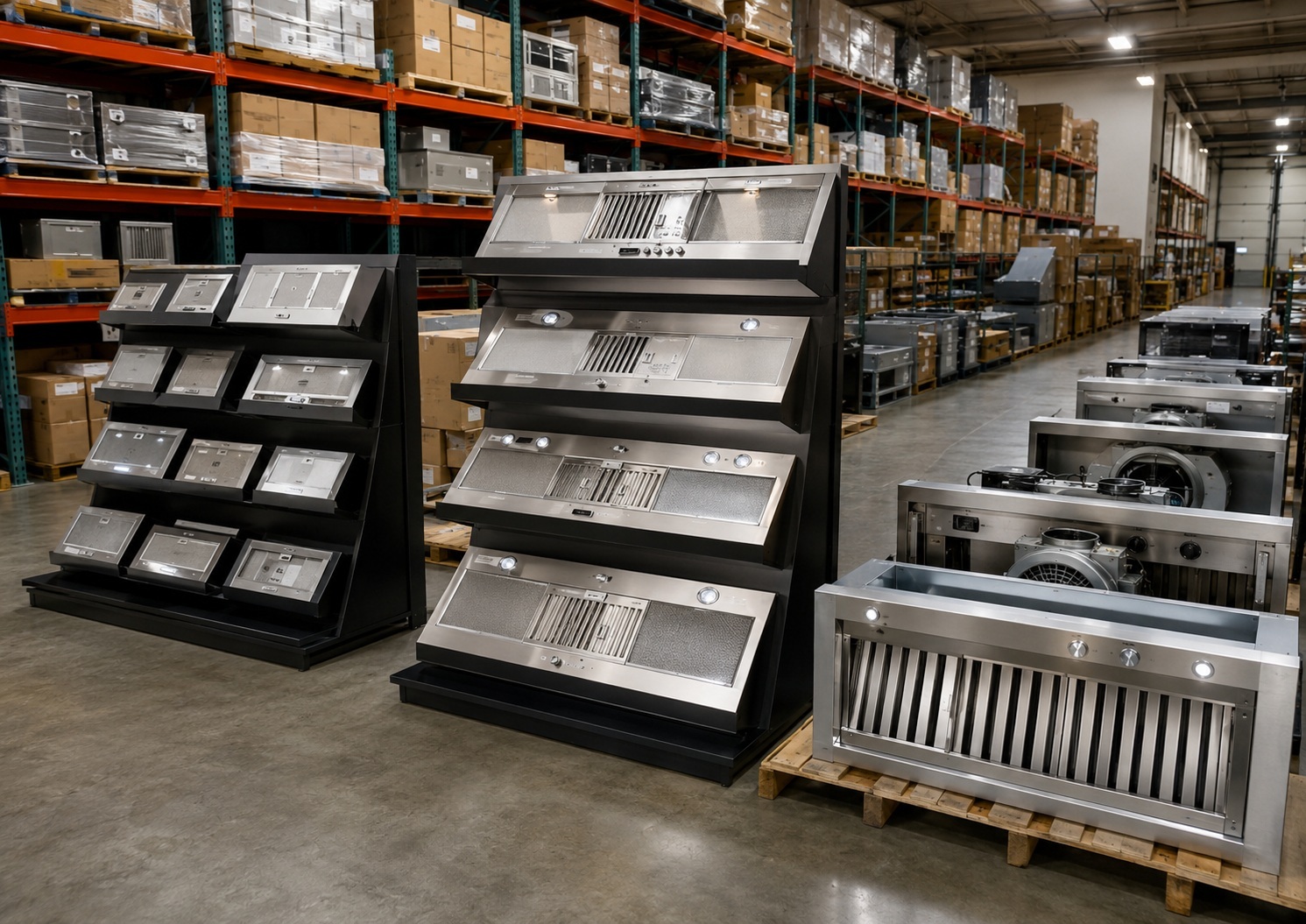 Warehouse with kitchen ventilation inserts for meta range hoods