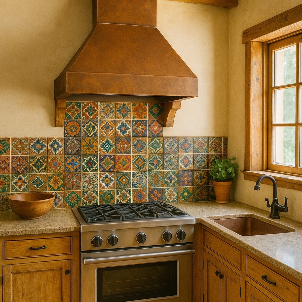 Mexican tile backsplash in a kitchen with a gas stove, copper range hood and stone counter