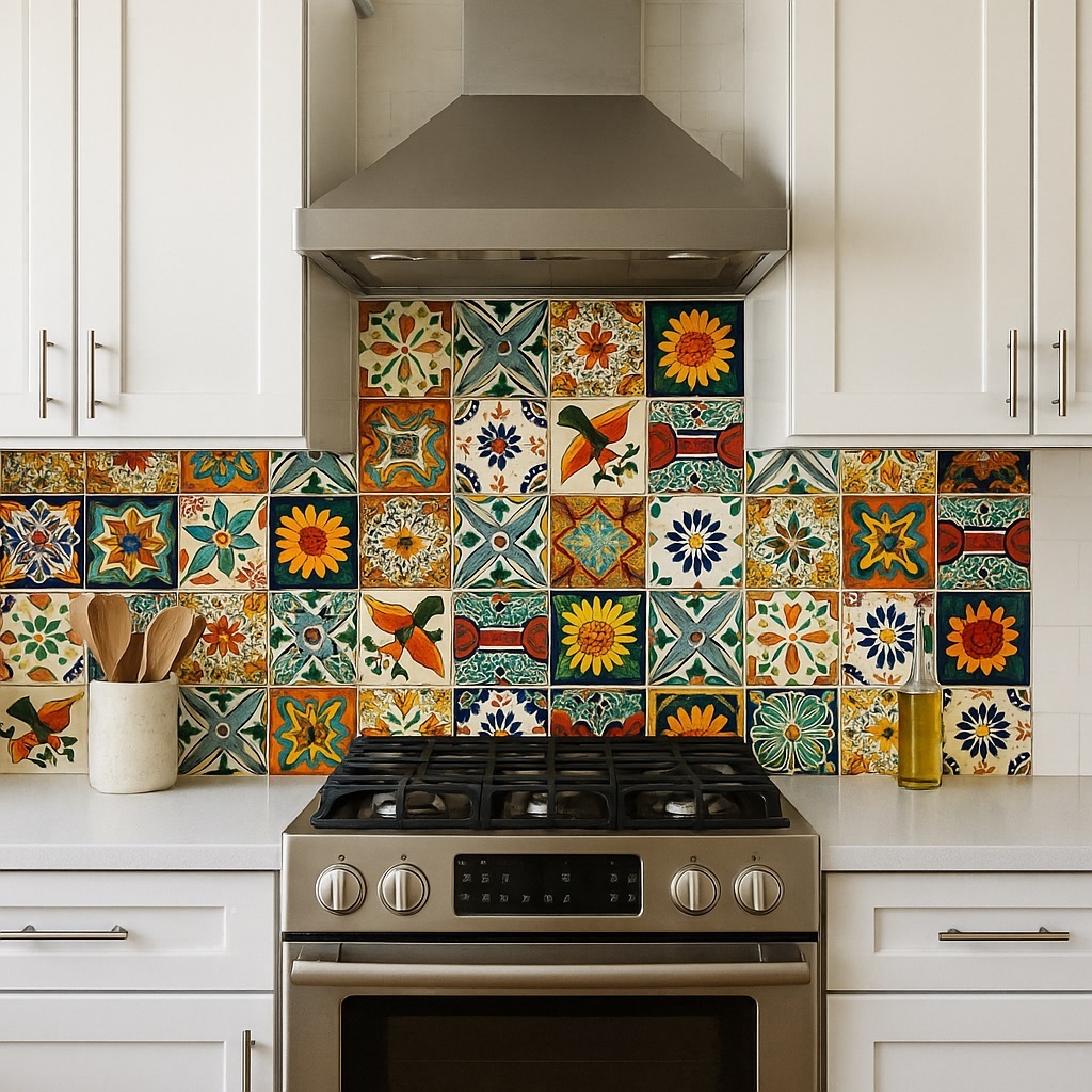 Mexican tiles decorating a kitchen backsplash