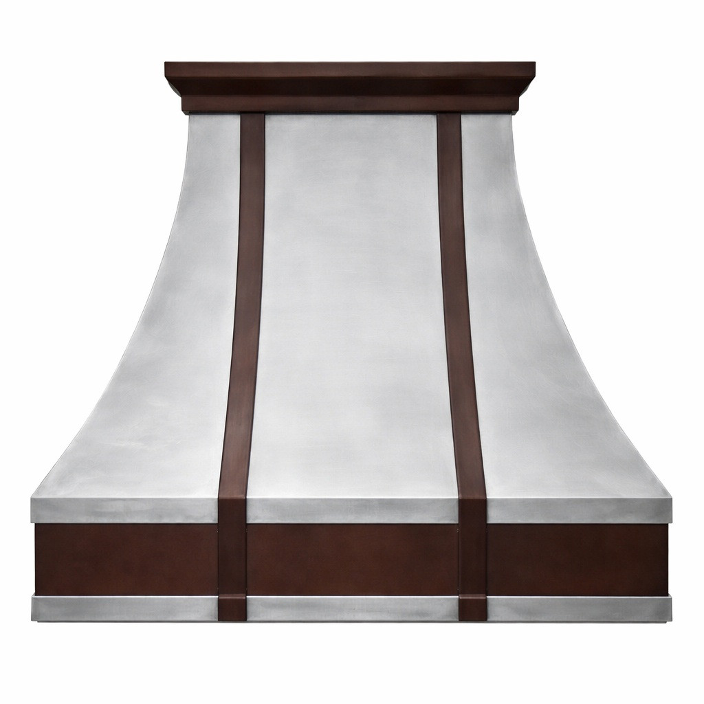 Zinc range hood with copper straps and apron