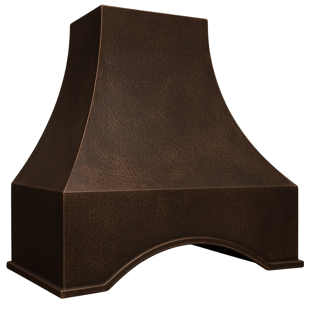 Random hammered bell copper range hood with arched apron