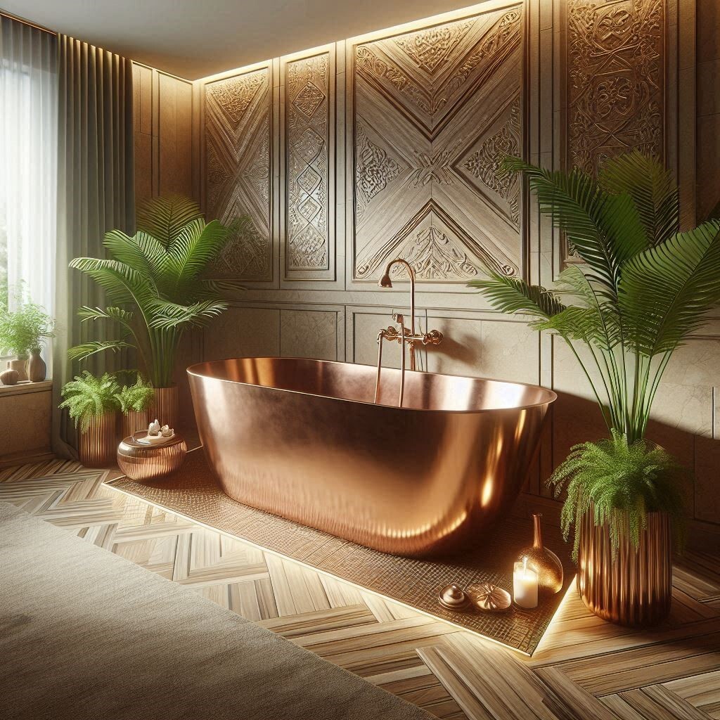 Copper bathtub with earthy finish in a rustic style bathroom Rustic Copper Tub with Earthy Decor