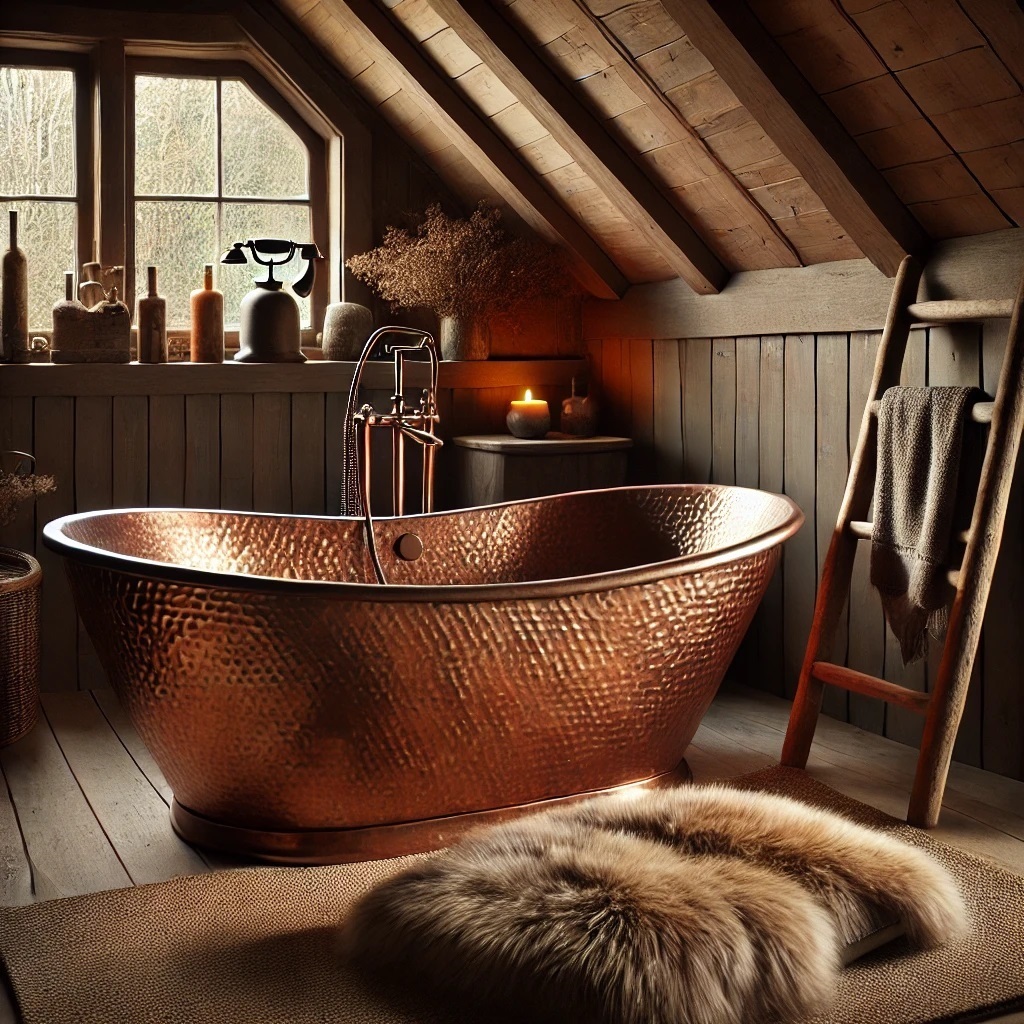 Hand-hammered copper bathtub in a rustic bathroom Rustic Farmhouse Copper Bathtub