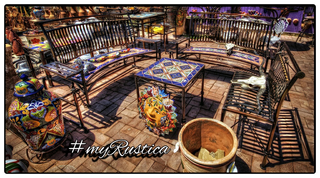 rustic outdoor patio furniture in a garden