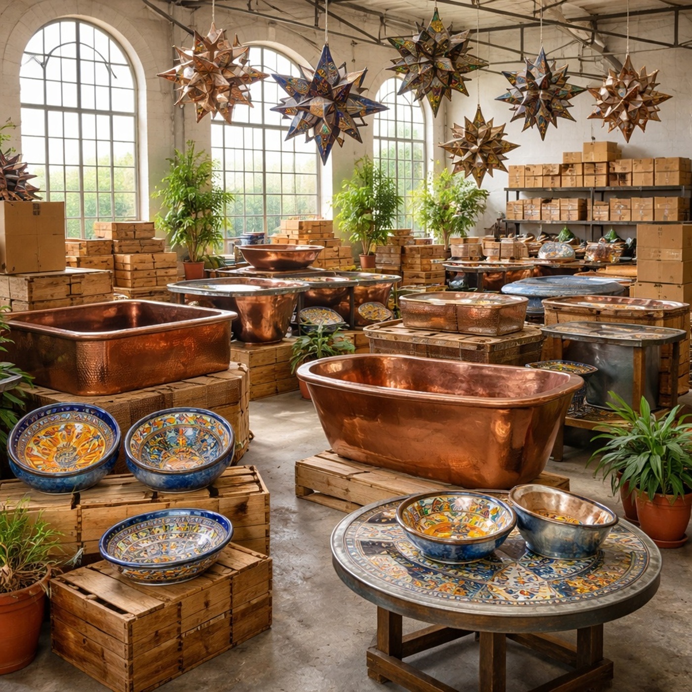 Mexican style interior with Talavera ceramics, copper furnishings, iron lighting, and rustic decor