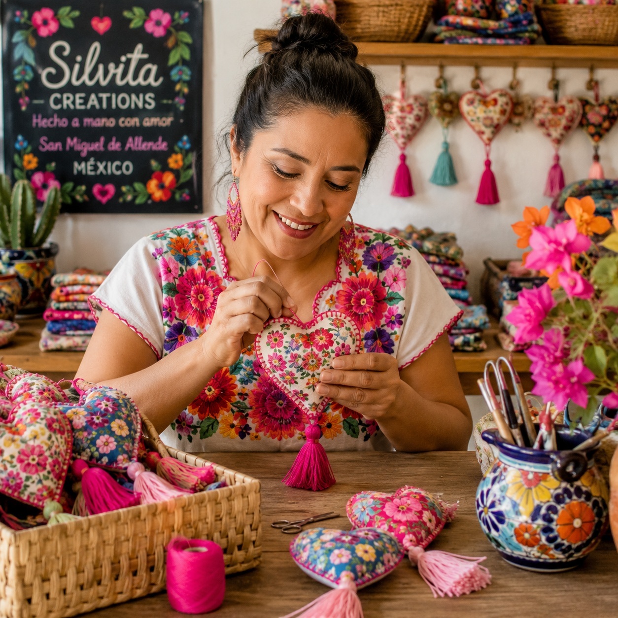 Silvita Creations heart making workshop Silvita Creations artisan sewing handmade Mexican floral heart ornament in colorful San Miguel de Allende workshop
