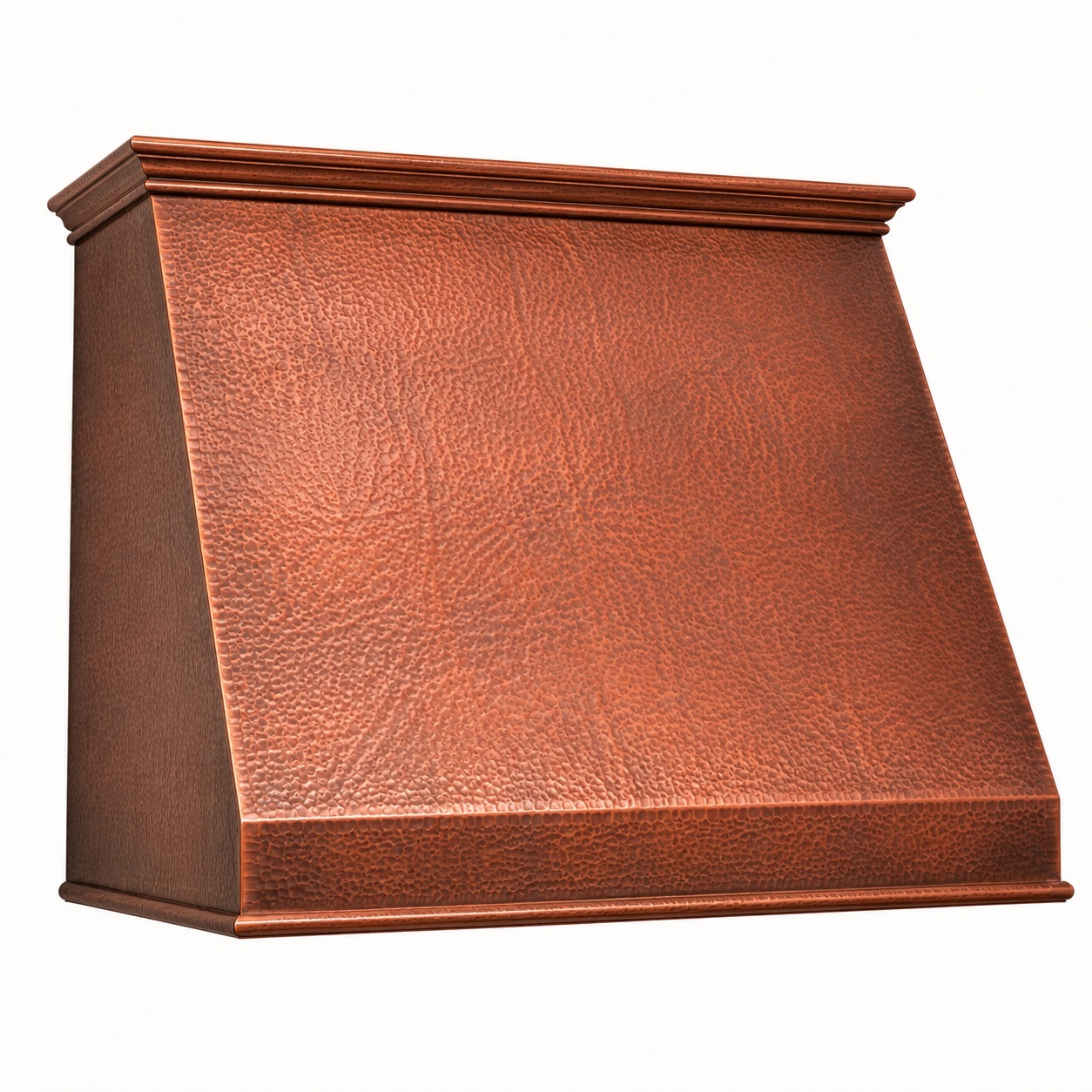 Sloping copper range hood front view