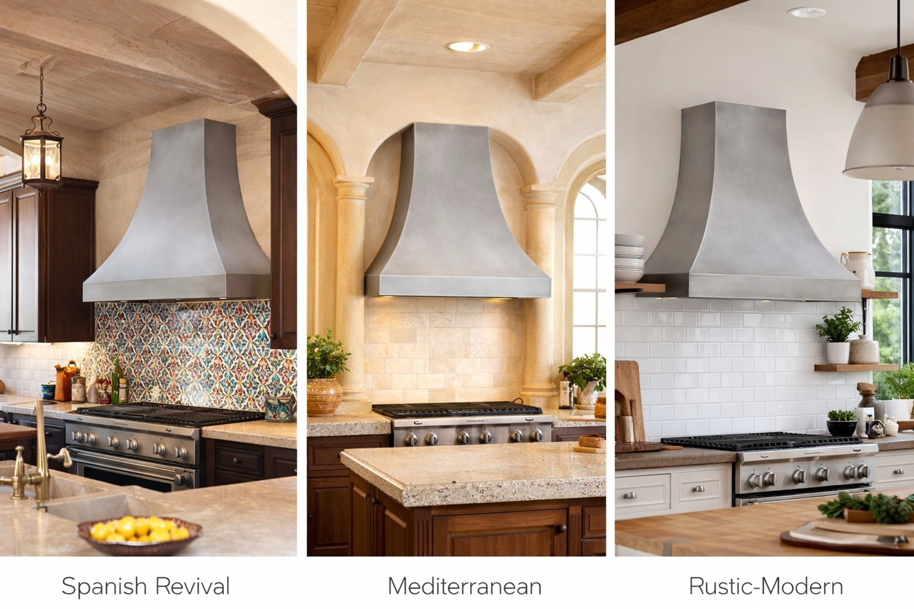 Smooth natural zinc bell range hood in various style kitchens