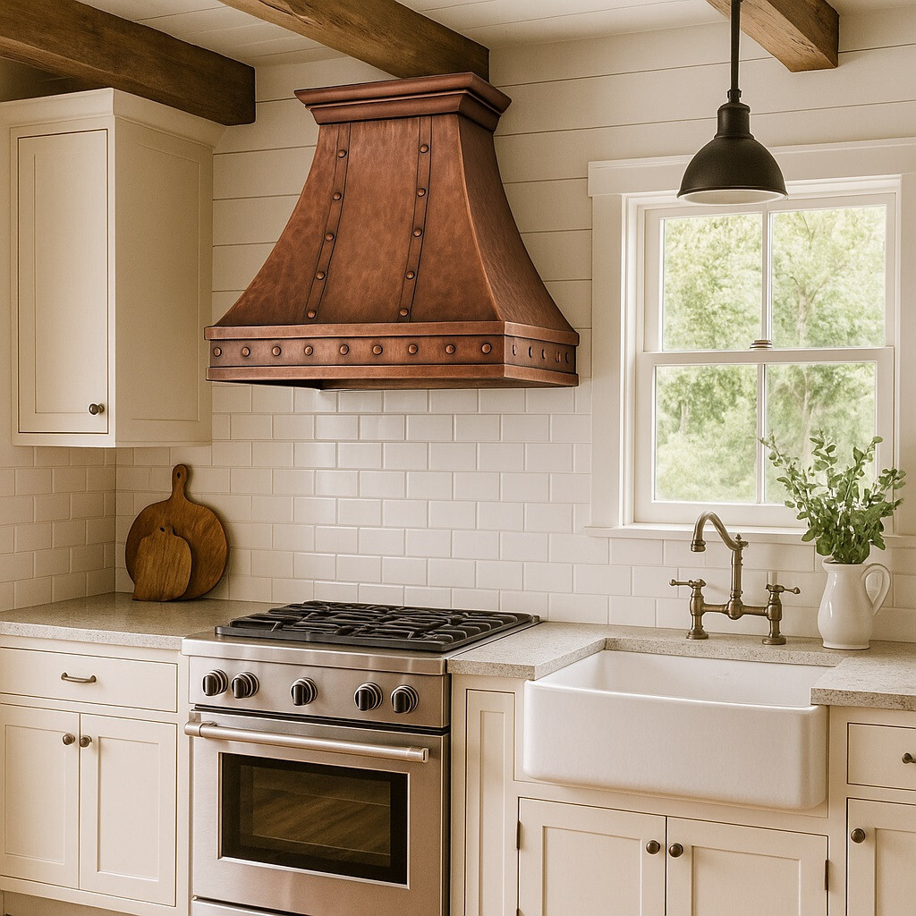 Solid copper range hood in a kitchen