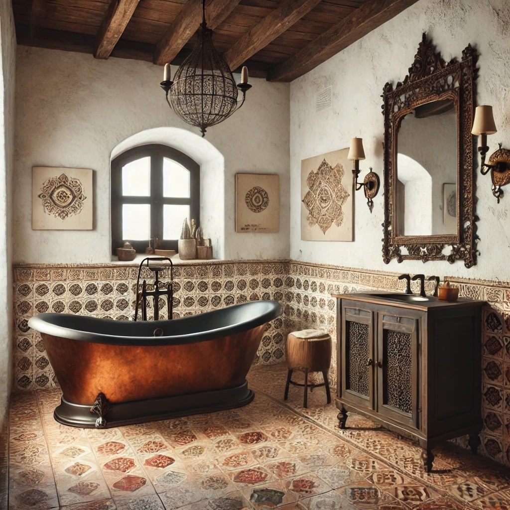 Textured hammered copper bathtub in a rustic bathroom with aged finishes and warm, vintage design elements