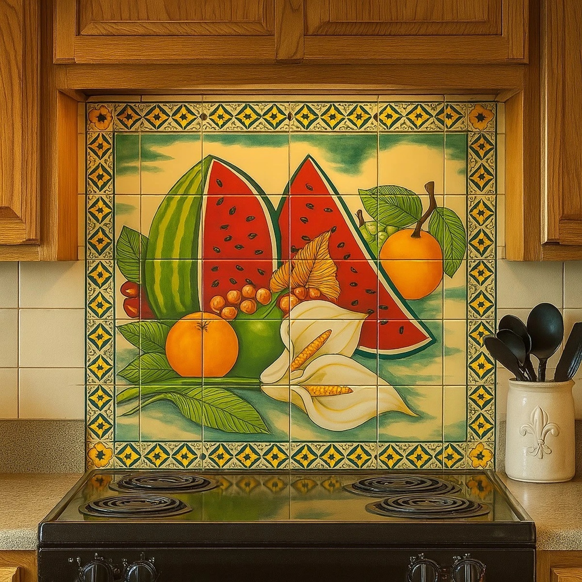 Tile mural decorating a kitchen backsplash wall
