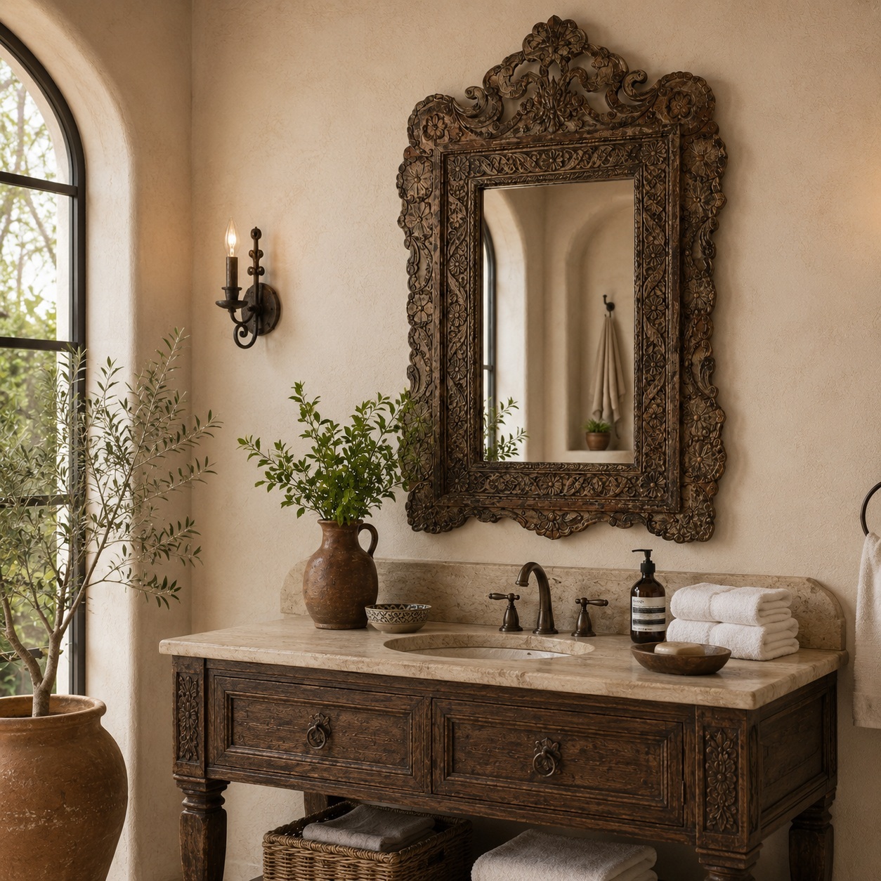 Vintage Mexican mirror frame in a bathroom
